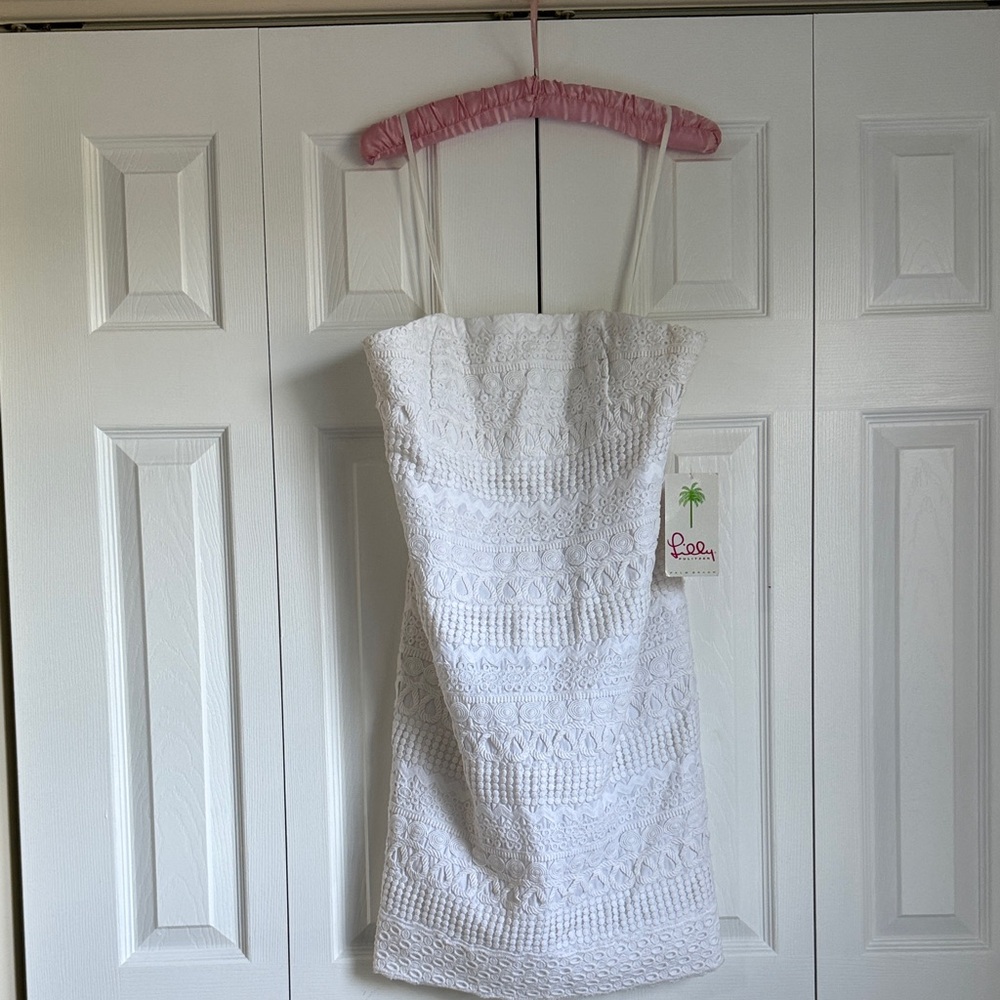 White Strapless Crochet Mini Dress